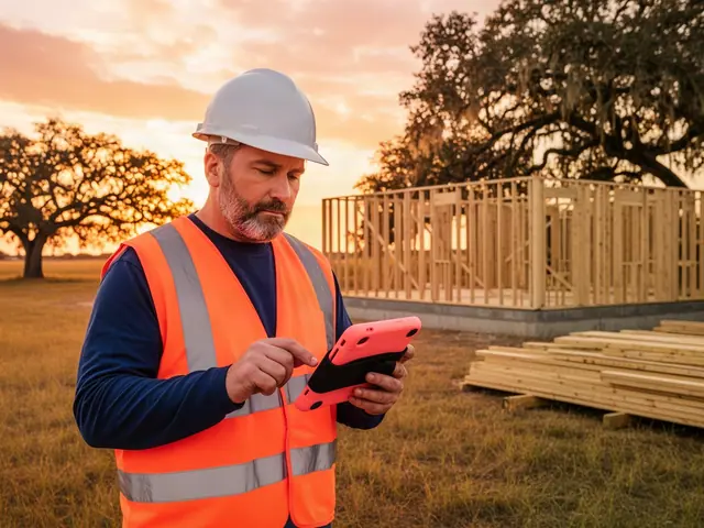 Home builder in a hard hat and orange safety vest reviewing a tablet at a framed house site