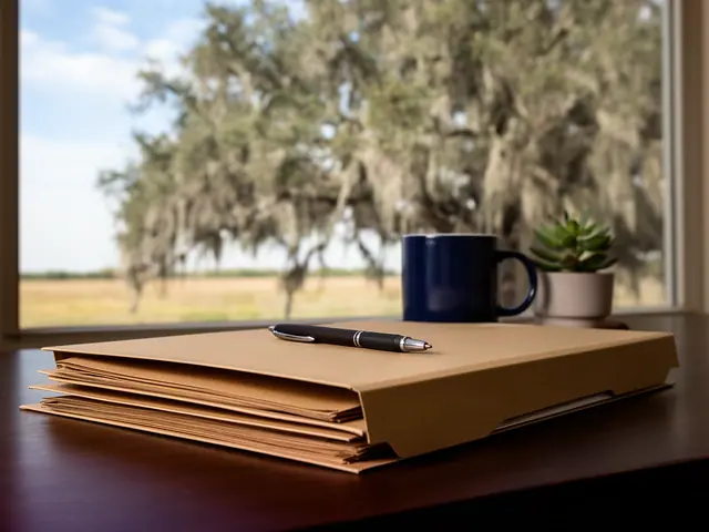 Stack of closed kraft file folders with a pen on a walnut desk by a window