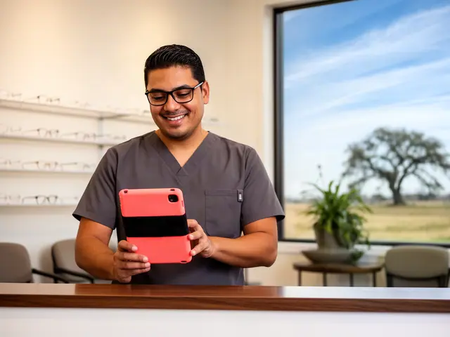 Optometry practice office manager in grey scrubs reviewing a coral tablet at the front desk