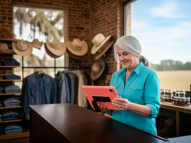 Silver-haired woman in a turquoise western shirt smiling at a coral tablet in a shop with cowboy hats and denim