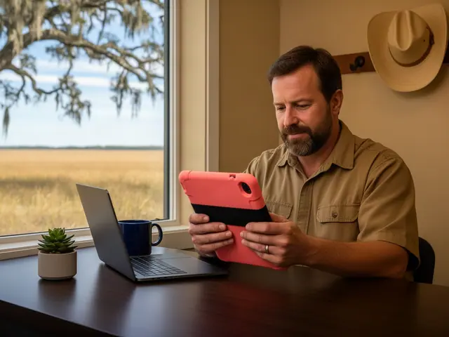 Welding shop owner at his office desk reviewing a coral tablet beside a laptop
