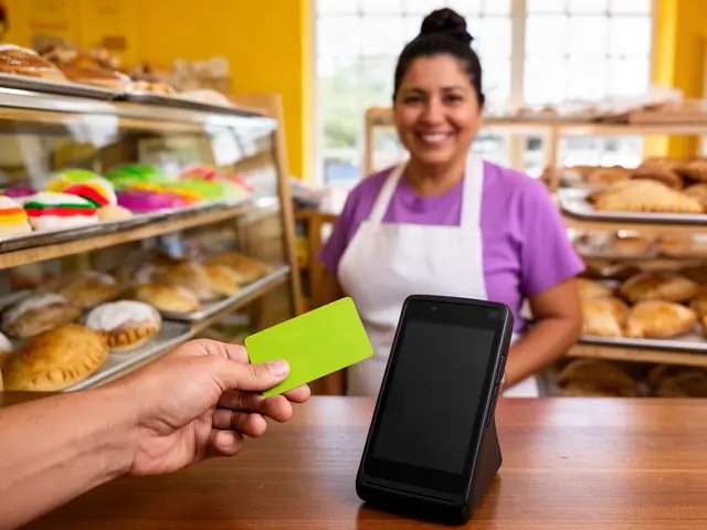 Customer's hand holding a lime-green card by a black card terminal, a smiling baker behind the counter