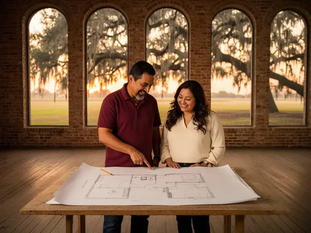 Two business partners smiling over a hand-drawn floor plan in an empty brick storefront
